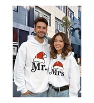 Mr Mrs Çift Hoodie– Noel Şapkalı Sevgili Kombin Kapüşonlu Sweatshirt Unisex Oversize (Beyaz)