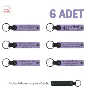 Arkadaşlar Arasında Özel Hediye, 6'lı Set, İsim Yazılı Deri Hatıra Anahtarlık, Mor Menekşe & Siyah (Lila - Mor)