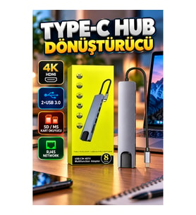 Type-C Hub Dönüştürücü – 2×USB 3.0, SD/MS Kart Okuyucu, 4K HDMI ve RJ45 Bağlantılı