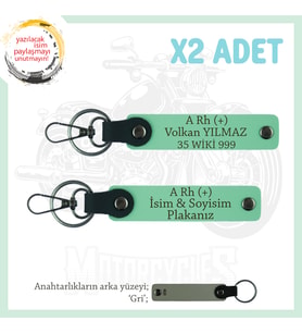 Efsane Motorculara Özel İsim Plaka ve A Rh (+) Kan Grubu Yazılı Hediye x2 Set Anahtarlık, Yeşil-Gr