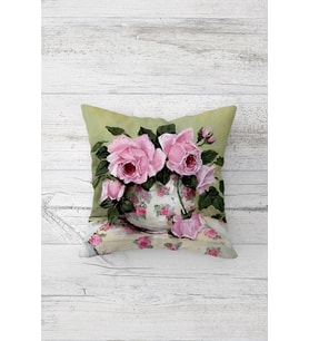 Pembe Çiçek Desenli Çift Tarafı Baskılı Gizli Fermuarlı Yastık Kılıfı Kırlent Koltuk Yastık Kılıfı (Yeşil-Pembe)