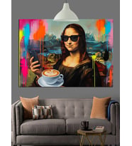 Kahve İçen Mona Lisa Dekoratif Kanvas - Mdf Ahşap Tablo
