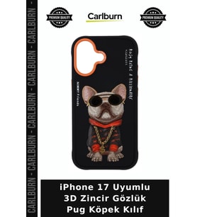 iPhone 17 Uyumlu 3D Zincir Gözlük Pug Köpek Kılıf Hayvan Figürlü Yenilikçi Tarz Nakışlı Kapak