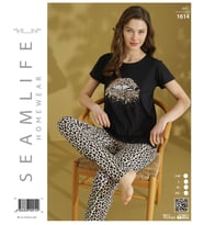 Seamlife Kadın Extra Yumuşak %100 Pamuk Milan Kısa Kollu Pijama Takımı (Siyah)