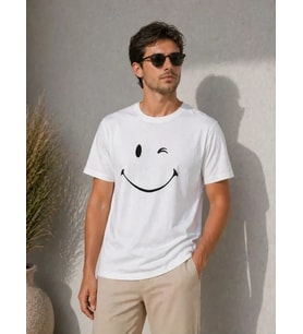 Erkek Minimal Gülümseyen Yüz Baskılı Tişört Kısa Kol Yazlık T-Shirt - Beyaz