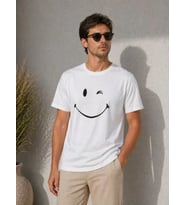 Erkek Minimal Gülümseyen Yüz Baskılı Tişört Kısa Kol Yazlık T-Shirt - Beyaz