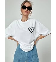 Bisiklet Yaka Baskılı Oversize T-Shirt - Beyaz