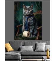 Kravatlı Ve Tuvalet Kağıdı Tutan Kedi Dekoratif Kanvas - Mdf Ahşap Tablo