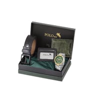 Polo Air Erkek Kol Saati Cüzdan Kemer Kartlık Hediyelik Kutusunda Gold Yeşil Gümüş Renk PL-7031E3 (Gold-Yeşil)