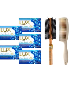 Lux Lüx Sabun Mavi 80 Gr. Aqua Sparkle 5 Adet Bio Care Saplı Tarak Saç Fırçası Klasik Şekil Verme Fön 1+1 Adet