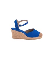 Gerçek Elişi Topuğu Açık Burnu Hasırlı Bilekten Bantlı Dolgu Topuk Keten Hasır Espadril Handmade (Saks)