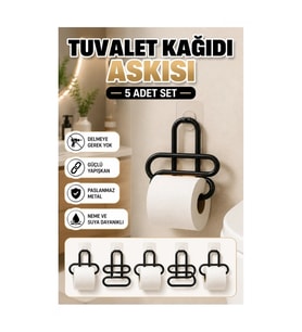 Siyah Metal Yapışkanlı Tuvalet Kağıdı Askısı – Delmeden Montaj 5’li Set