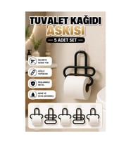 Siyah Metal Yapışkanlı Tuvalet Kağıdı Askısı – Delmeden Montaj 5’li Set