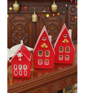 Home Yılbaşı Ev Mumluk Seti, Kırmızı Renkli Yüksek Kaliteli Malzeme El Yapımı Dekoratif Obje Biblo, Ev Dekoru, Masa Dekoru, Yılbaşı Dekoru, Hediyelik, Yılbaşı Evleri