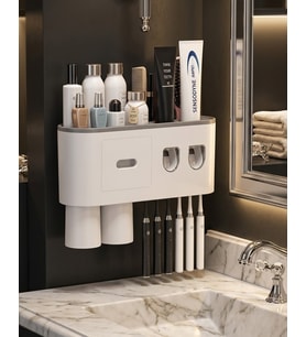 Çift Dispenserli Diş Macunu Sıkacağı 6 Fırçalık Bardaklı Banyo Organizer