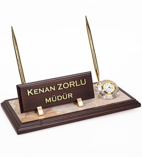 Mermer Zeminli Çift Kalemli Masa İsimlik Ahşap Masa İsimliği
