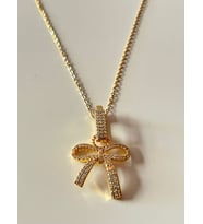İpekish  Gold Renk Fiyonk Figürlü Kadın Kolye – Zirkon Taşlı, Paslanmaz Çelik, 48 cm Zincir (Gold 2)