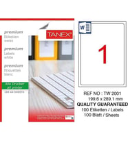 Bilgisayar Etiketi Tw-2001 199.60x289.10 mm 100 Lü Lazer Etiket 1 Paket Tanex Davetiye Kargo Etiketi (Beyaz)