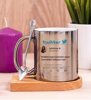Kişiye Özel Twitter Tasarım Fotoğraflı Ahşap Altlıklı Silver Kupa Bardak