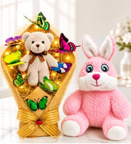 LED Işıklı Gri Peluş Ayıcık Buketi ve Pembe Peluş Tavşan Hediye Seti Sevgiliye Hediye