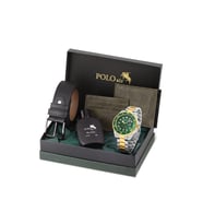 Polo Air Mercek Takvimli Erkek Kol Saati Cüzdan Kemer Kartlık Parfüm Seti Gümüş Gold Yeşil Renk PL-7073E10 (Gold-Yeşil)