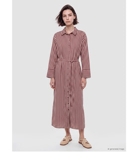 LCW Modest Bordo Beli Kuşaklı Çizgili Gömlek Elbise