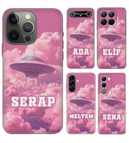 iPhone 7 8 SE 11 12 13 14 15 16 16E 17E Pro Max Plus Air Mini Kılıf YeniSeri Kişiye Özel İsim Yazılı Silikon Kapak Pembe Ufo