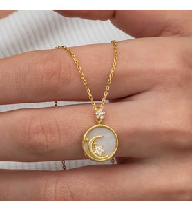 Gümüş Gold Sedef Taşlı Ay Yıldız Hilal Kadın Kolye