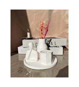 Dekoratif İnsan Figürlü Vazo Ve Mum Set 17-17 Cm (Beyaz)