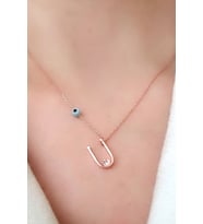 Nazar boncuklu ve zirkon taş detaylı gümüş rose ü harfi  kolye