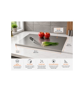 Stellica Paslanmaz Çelik 50 cm x 40 cm Tek Bükümlü Metal Tezgah Koruyucu Çok Amaçlı Kesme Tahtası