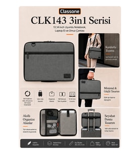 Classone 3in1 Serisi CLK144 13,14 inch Uyumlu Tablet Laptop El ve Omuz Çantası Keten Gri