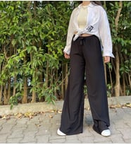 Betimoda Kadın Beli Lastikli Bol Paça Oversize Bürümcük Kumaş Uzun Pantolon BM.Kdn  (Siyah)