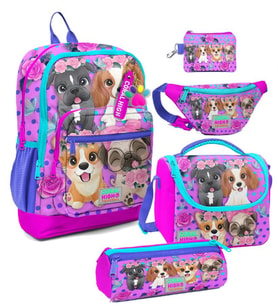 Coral High Kız Çocuk Pembe Köpek Desenli Beşli İlkokul Okul Çanta Seti (Çok Renkli)