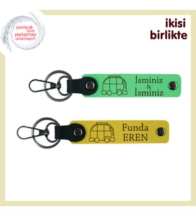 Karavanla Kurulan Anılara Özel, İsme Özel Deri Anahtarlık 2’li Set, İsim Yazılı, Fıstık Yeşil-Sarı