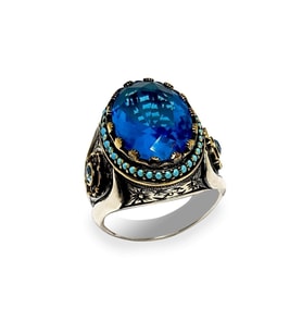 Blue Topaz Aquamarin Taşlı 925 Ayar Gümüş Erkek Yüzük