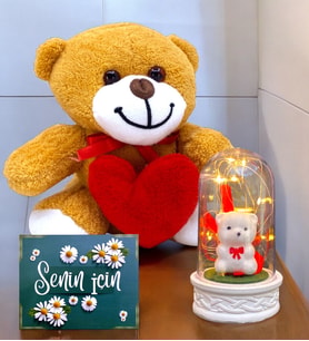 Kalpli Sevimli Peluş Ayıcık ve Led Işıklı Tasarım Fanus Hediye Seti  Premium Set (Model 3)