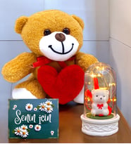 Kalpli Sevimli Peluş Ayıcık ve Led Işıklı Tasarım Fanus Hediye Seti  Premium Set (Model 3)