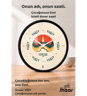 İsme Özel Roket ve Uzay Çocuk Odası Duvar Saati Orta Boy 30 cm Siyah Camlı Sessiz