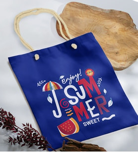 BK Gift Yaz Temalı Saks Mavi Halat Saplı Kumaş Plaj Çantası -14, Baskılı Omuz Çantası, Alışveriş Çantası, Arkadaşa Hediye, Sevgiliye Hediye