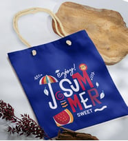 BK Gift Yaz Temalı Saks Mavi Halat Saplı Kumaş Plaj Çantası -14, Baskılı Omuz Çantası, Alışveriş Çantası, Arkadaşa Hediye, Sevgiliye Hediye