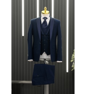 Slimfit Armürlü Mono Çıkmalı Yaka Yelekli Flarlı Smokin Takım Elbise (Saks)