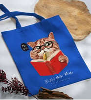 BK Gift Kedi Tasarımlı Mavi Kumaş Bez Çanta, Baskılı Omuz Çantası, Alışveriş Çantası, Arkadaşa Hediye-5