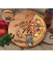 BK Gift Kişiye Özel İsimli Bambu Ahşap Döner Tablalı Pizza Tahtası-3, Pizza Kesme Tahtası Seti, Şarküteri Tahtası, Servis Tepsisi, Ahşap Tabak, Eve Taşınma Hediyesi