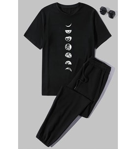 Unisex Moon Phases Baskılı 2'li Eşofman Takımı (Siyah)