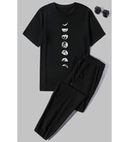 Unisex Moon Phases Baskılı 2'li Eşofman Takımı (Siyah)