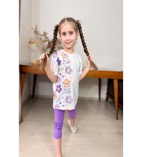 Yeni Sezon Çiçek Desenli Lila Renk Kapri Taytlı Kız Çocuk Takım