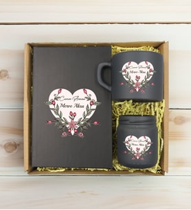 BK Gift Kişiye Özel İsimli DTF Anne Temalı Antrasit Defter & Kahve Fincanı & Mum Hediye Seti-5, Anneye Hediye, Anneler Günü Hediyesi