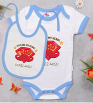 BK Kids Kişiye Özel My Hero Dad Tasarımlı Mavi Bebek Body Zıbın ve Mama Önlüğü Hediye Seti-1