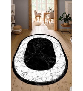 Dijital Baskılı Kaymaz Taban Yıkanabilir Oval Salon Halısı Mutfak Halısı Yolluk NDO-HT-656 (Siyah)